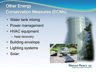 • Water tank mixing
• Power management
• HVAC equipment
 heat recovery
• Building envelope
• Lighting systems
• Solar
 