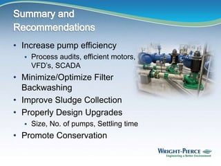 • Increase pump efficiency
 Process audits, efficient motors,
VFD’s, SCADA
• Minimize/Optimize Filter
Backwashing
• Improve Sludge Collection
• Properly Design Upgrades
 Size, No. of pumps, Settling time
• Promote Conservation
 