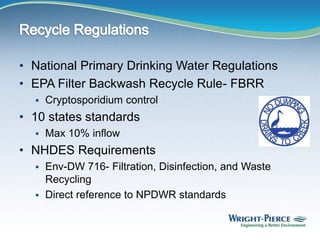• National Primary Drinking Water Regulations
• EPA Filter Backwash Recycle Rule- FBRR
 Cryptosporidium control
• 10 states standards
 Max 10% inflow
• NHDES Requirements
 Env-DW 716- Filtration, Disinfection, and Waste
Recycling
 Direct reference to NPDWR standards
 
