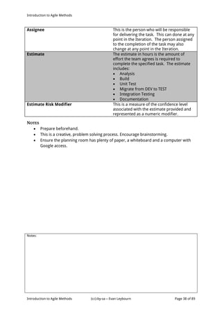 Introduction to Agile Methods
Notes:
Introduction to Agile Methods (cc)-by-sa – Evan Leybourn Page 38 of 89
Assignee This is the person who will be responsible
for delivering the task. This can done at any
point in the Iteration. The person assigned
to the completion of the task may also
change at any point in the Iteration.
Estimate The estimate in hours is the amount of
effort the team agrees is required to
complete the specified task. The estimate
includes:
 Analysis
 Build
 Unit Test
 Migrate from DEV to TEST
 Integration Testing
 Documentation
Estimate Risk Modifier This is a measure of the confidence level
associated with the estimate provided and
represented as a numeric modifier.
NOTES
 Prepare beforehand.
 This is a creative, problem solving process. Encourage brainstorming.
 Ensure the planning room has plenty of paper, a whiteboard and a computer with
Google access.
 