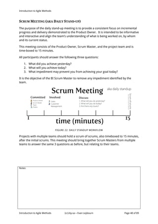Introduction to Agile Methods
Notes:
Introduction to Agile Methods (cc)-by-sa – Evan Leybourn Page 48 of 89
SCRUM MEETING (AKA DAILY STAND-UP)
The purpose of the daily stand-up meeting is to provide a consistent focus on incremental
progress and delivery demonstrated to the Product Owner. It is intended to be informative
and interactive and align the team’s understanding of what is being worked on, by whom
and its current status.
This meeting consists of the Product Owner, Scrum Master, and the project team and is
time-boxed to 15 minutes.
All participants should answer the following three questions:
1. What did you achieve yesterday?
2. What will you achieve today?
3. What impediment may prevent you from achieving your goal today?
It is the objective of the BI Scrum Master to remove any impediment identified by the
team.
FIGURE 22: DAILY STANDUP WORKFLOW
Projects with multiple teams should hold a scrum of scrums, also timeboxed to 15 minutes,
after the initial scrums. This meeting should bring together Scrum Masters from multiple
teams to answer the same 3 questions as before, but relating to their teams.
 