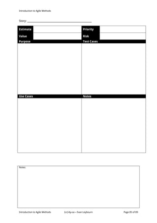 Introduction to Agile Methods
Notes:
Introduction to Agile Methods (cc)-by-sa – Evan Leybourn Page 85 of 89
Story: ______________________________________________________
Estimate Priority
Value Risk
Purpose Test Cases
Use Cases Notes
 