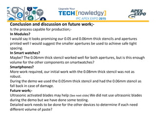 Conclusion and discussion on future work;-
Is the process capable for production;-
In Modules?
I would say it looks promising our 0.05 and 0.06mm thick stencils and apertures
printed well I would suggest the smaller apertures be used to achieve safe tight
spacing.
In Smart watches?
Maybe? The 0.06mm thick stencil worked well for both apertures, but is this enough
volume for the other components on smartwatches?
Smartphones?
More work required, our initial work with the 0.08mm thick stencil was not as
robust.
During the demo we used the 0.05mm thick stencil and had the 0.06mm stencil as
fall back in case of damage.
Future work;-
Ultrasonic activated blades may help (See next slide) We did not use ultrasonic blades
during the demo but we have done some testing.
Detailed work needs to be done for the other devices to determine if each need
different volume of paste?
 
