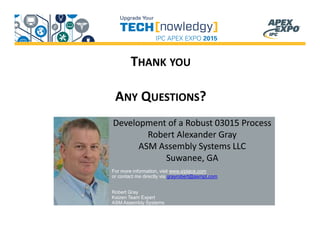 THANK YOU
ANY QUESTIONS?
Development of a Robust 03015 Process
Robert Alexander Gray
ASM Assembly Systems LLC
Suwanee, GA
For more information, visit www.siplace.com
or contact me directly via grayrobert@asmpt.com
Robert Gray
Kaizen Team Expert
ASM Assembly Systems
 