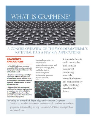 A concise overview of the wondermaterial’s
Potential Plus a few key applications
Isolating an atom-thick layer of graphite creates Graphene.
Similar to another important nanomaterial - carbon nanotubes -
graphene is incredibly strong - around 200 times stronger than
structural steel.
What is graphene?
It not only promises to
revolutionize
semiconductor, sensor and
display technology, but
could also lead to
breakthroughs in
fundamental quantum
physics research.
Source: The Daily Mail
Scientists believe it
could one day be
used to make
transparent
conducting
materials,
biomedical sensors
and even extremely
light, yet strong,
aircraft of the
future.
 