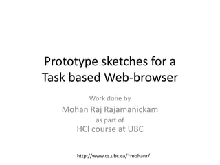 Prototype sketches for a
Task based Web-browser
          Work done by
   Mohan Raj Rajamanickam
             as part of
      HCI course at UBC

      http://www.cs.ubc.ca/~mohanr/
 