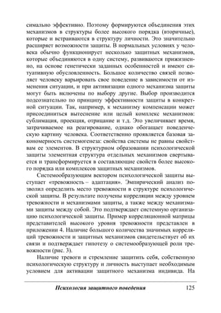 Психология защитного поведения 125
симально эффективно. Поэтому формируются объединения этих
механизмов в структуры более высокого порядка (вторичные),
которые и встраиваются в структуру личности. Это значительно
расширяет возможности защиты. В нормальных условиях у чело-
века обычно функционирует несколько защитных механизмов,
которые объединяются в одну систему, развиваются прижизнен-
но, на основе генетически заданных особенностей и имеют си-
туативную обусловленность. Большое количество связей позво-
ляет человеку варьировать свое поведение в зависимости от из-
менения ситуации, и при активизации одного механизма защиты
могут быть включены по выбору другие. Выбор производится
подсознательно по принципу эффективности защиты в конкрет-
ной ситуации. Так, например, к механизму компенсации может
присоединиться вытеснение или целый комплекс механизмов:
сублимация, проекция, отрицание и т.д. Это увеличивает время,
затрачиваемое на реагирование, однако обогащает поведенче-
скую картину человека. Соответственно проявляется базовая за-
кономерность системогенеза: свойства системы не равны свойст-
вам ее элементов. В структурном образовании психологической
защиты элементная структура отдельных механизмов свертыва-
ется и трансформируется в составляющие свойств более высоко-
го порядка или комплексов защитных механизмов.
Системообразующим вектором психологической защиты вы-
ступает «тревожность – адаптация». Эмпирический анализ по-
зволил определить место тревожности в структуре психологиче-
ской защиты. В результате получены корреляции между уровнем
тревожности и механизмами защиты, а также между механизма-
ми защиты между собой. Это подтверждает системную организа-
цию психологической защиты. Пример корреляционной матрицы
представителей высокого уровня тревожности представлен в
приложении 4. Наличие большого количества значимых корреля-
ций тревожности и защитных механизмов свидетельствует об их
связи и подтверждает гипотезу о системообразующей роли тре-
вожности (рис. 3).
Наличие тревоги и стремление защитить себя, собственную
психологическую структуру и личность выступает необходимым
условием для активации защитного механизма индивида. На
Copyright ОАО «ЦКБ «БИБКОМ» & ООО «Aгентство Kнига-Cервис»
 
