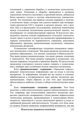 Психология защитного поведения 153
тенденцией к «принятию борьбы» и количеством психологиче-
ских защит. Тенденция к «борьбе» проявляется в активном
стремлении личности участвовать в групповой жизни, добиваться
более высокого статуса в системе межличностных взаимоотно-
шений. Эта тенденция, как правило, сильнее выражена у мужчин,
а количество защит, которые нам удалось выявить при интерпре-
тации протоколов ТАТ у мужчин, в среднем меньше, чем у жен-
щин. Как и в предыдущих исследованиях, выявлены взаимосвязи
между отдельными механизмами психологической защиты, что
подтверждает их интраструктурный характер. В результате про-
веденного анализа степени выраженности отдельных психологи-
ческих защит в целом в группе все механизмы проранжированы в
порядке уменьшения их выраженности: отрицание, реактивное
образование, проекция, рационализация, подавление, смещение,
компенсация, регрессия.
Установлены специфические тенденции взаимосвязи защит-
ных механизмов и поведения. Чем выше развитие механизма «ре-
активное образование», тем меньше тенденция к общительности.
Чем выше развита рационализация, тем выше уровень тенденции
к зависимости. Чем выше развиты отрицание и подавление, тем
меньше выражена тенденция к принятию борьбы. По результатам
проведения кластерного анализа можно говорить о существова-
нии у выборки трех устойчивых блоков защитных механизмов.
Блок «рационализация – отрицание». Отрицание отфильт-
ровывает нежелательную информацию уже на входе в систему
восприятия. Та информация, которая все же попала в сознание,
обрабатывается и воспринимается через призму механизма «ра-
ционализация». Таким образом, за счет этих двух механизмов
обеспечивается наиболее полная и гибкая психологическая защи-
та.
Блок «компенсация – смещение – регрессия». Этот блок
включает в себя психологические защиты манипулятивного типа.
Так, например, при использовании защитного механизма «рег-
рессия» происходит возвращение к более ранним инфантильным
личностным реакциям, проявляющимся в демонстрации беспо-
мощности, зависимости с целью уменьшения тревоги и ухода от
требований реальной действительности. Условно этот блок мож-
но назвать блоком социально неприемлемой активности, так как
Copyright ОАО «ЦКБ «БИБКОМ» & ООО «Aгентство Kнига-Cервис»
 
