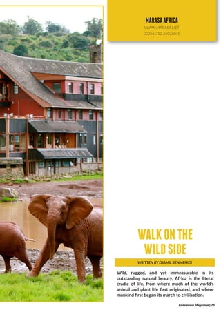 Wild, rugged, and yet immeasurable in its
outstanding natural beauty, Africa is the literal
cradle of life, from where much of the world’s
animal and plant life first originated, and where
mankind first began its march to civilisation.
WRITTEN BY DJAMIL BENMEHIDI
WALKONTHE
WILDSIDE
Endeavour Magazine | 75
MARASAAFRICA
WWW.MARASA.NET
00256 312 260260/1
 