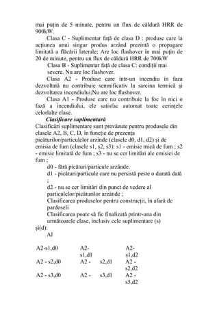 mai puţin de 5 minute, pentru un flux de căldură HRR de
900kW.
Clasa C - Suplimentar faţă de clasa D : produse care la
acţiunea unui singur produs arzând prezintă o propagare
limitată a flăcării laterale; Are loc flashover în mai puţin de
20 de minute, pentru un flux de căldură HRR de 700kW
Clasa B - Suplimentar faţă de clasa C: condiţii mai
severe. Nu are loc flashover.
Clasa A2 - Produse care într-un incendiu în faza
dezvoltată nu contribuie semnificativ la sarcina termică şi
dezvoltarea incendiului;Nu are loc flashover.
Clasa A1 - Produse care nu contribuie la foc în nici o
fază a incendiului, ele satisfac automat toate cerinţele
celorlalte clase.
Clasificare suplimentară
Clasificări suplimentare sunt prevăzute pentru produsele din
clasele A2, B, C, D, în funcţie de prezenţa
picăturilor/particulelor arzînde (clasele d0, d1, d2) şi de
emisia de fum (clasele s1, s2, s3): s1 - emisie mică de fum ; s2
- emisie limitată de fum ; s3 - nu se cer limitări ale emisiei de
fum ;
d0 - fără picături/particule arzânde.
d1 - picături/particule care nu persistă peste o durată dată
;
d2 - nu se cer limitări din punct de vedere al
particulelor/picăturilor arzânde ;
Clasificarea produselor pentru construcţii, în afară de
pardoseli
Clasificarea poate să fie finalizată printr-una din
următoarele clase, inclusiv cele suplimentare (s)
şi(d):
Al
A2-s1,d0 A2-
s1,d1
A2-
s1,d2
A2 - s2,d0 A2 - s2,d1 A2 -
s2,d2
A2 - s3,d0 A2 - s3,d1 A2 -
s3,d2
 