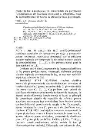 reacţie la foc a produselor, în conformitate cu prevederile
Regulamentului de clasificare menţionat şi, informativ, clasa
de combustibilitate, în funcţie de utilizarea finală preconizată.
Astfel:
NOTA : Art. 36 alin.(l) din H.G. nr.622/2004privind
stabilirea condiţiilor de introducere pe piaţă a produselor
pentru construcţii, republicată, precizează clar că utilizarea
claselor naţionale de comportare la foc (deci inclusiv clasele
de combustibilitate C0 ....C4) a fost permisă numai până la
data admiterii în U.E.
Conform art.36 alin (2) rapoartele de încercare/clasificare
la foc pentru produse pentru construcţii, elaborate conform
claselor naţionale de comportare la foc, nu mai sunt valabile
după data admiterii în U.E.
Standardul STAS 11357/1990 (anulat) clasifica
materialele şi elementele de construcţii din punct de vedere al
combustibilităţii în 2 grupe: incombustibile C0 şi combustibile
(cu patru clase C1, C2, C3, C4) pe baza unor criterii de
clasificare determinate prin metode naţionale de încercare, în
prezent anulate.Deoarece fostele metode se bazau pe principii
de determinare diferite de scenariile de referinţă pentru
euroclase, nu se poate face o echivalare între fostele clase de
combustibilitate şi euroclasele de reacţie la foc. De exemplu,
pentru încadrare în clasa C0, parametrii de clasificare erau,
conform STAS 8558 (anulat),doar creşterea temperaturii în
cuptor şi pierderea de masă. Pentru încadrare în euroclasa A2,
aparent adecvată pentru echivalare, parametrii de clasificare
sunt : AT şi Am şi Tf sau PCS şi FIGRA şi LFS şi THR 600 s
(inclusiv criterii suplimentare privind emisia de fum şi
căderea de picături arzânde). Diferenţele sunt evidente.în plus,
Clasa de combustibilitateSe înlocuieşte cu :C0A1 sau, după caz,
A2s1, d0,C1A2 (si, d1 ; s2 d0, s2 d1; s3 d0, s3 d1)
B (s1 d0 , s1 d1; s2 d0, s2 d1; s3 d0, s3 d1)C2C(s1d0,s1d1;
s2d0,s2d1; s3d0,s3d1)C3D (s1 d0 , s1 d1; s2 d0 , s2 d1; s3 d0 , s3
d1)C4A2 (s1 d2, s2 d2, s3 d2)
B (s1 d2, s2 d2 , s3 d2) C( s1 d2, s2 d2 , s3 d2)
D (s1 d2, s2 d2 , s3 d2), E d2,
F
TABEL 2.2. Înlocuirea claselor de
combustibilitate
 