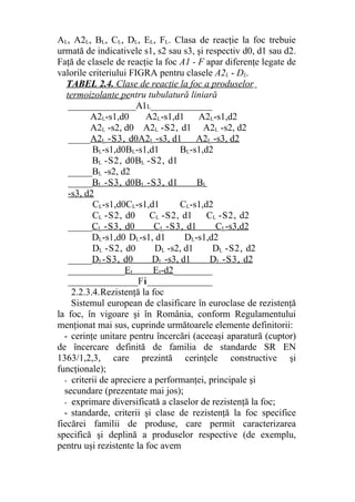 AL, A2L, BL, CL, DL, EL, FL. Clasa de reacţie la foc trebuie
urmată de indicativele s1, s2 sau s3, şi respectiv d0, d1 sau d2.
Faţă de clasele de reacţie la foc A1 - F apar diferenţe legate de
valorile criteriului FIGRA pentru clasele A2L - DL.
TABEL 2.4. Clase de reacţie la foc a produselor
termoizolante pentru tubulatură liniară
_______________A1L_____________
A2L-s1,d0 A2L-s1,d1 A2L-s1,d2
A2L -s2, d0 A2L -S2, d1 A2L -s2, d2
_____A2L -S3, d0A2L -s3, d1 A2L -s3, d2
BL-s1,d0BL-s1,d1 BL-s1,d2
BL -S2, d0BL -S2, d1
______BL -s2, d2
______BL -S3, d0BL -S3, d1 BL
-s3, d2
CL-s1,d0CL-s1,d1 CL-s1,d2
CL -S2, d0 CL -S2, d1 CL -S2, d2
______CL -S3, d0 CL -S3, d1 CL-s3,d2
DL-s1,d0 DL-s1, d1 DL-s1,d2
DL -S2, d0 DL -s2, d1 DL -S2, d2
______DL-S3, d0 DL -s3, d1 DL -S3, d2
____________EL EI-d2_________
_______________Fi______________
2.2.3.4.Rezistenţă la foc
Sistemul european de clasificare în euroclase de rezistenţă
la foc, în vigoare şi în România, conform Regulamentului
menţionat mai sus, cuprinde următoarele elemente definitorii:
- cerinţe unitare pentru încercări (aceeaşi aparatură (cuptor)
de încercare definită de familia de standarde SR EN
1363/1,2,3, care prezintă cerinţele constructive şi
funcţionale);
- criterii de apreciere a performanţei, principale şi
secundare (prezentate mai jos);
- exprimare diversificată a claselor de rezistenţă la foc;
- standarde, criterii şi clase de rezistenţă la foc specifice
fiecărei familii de produse, care permit caracterizarea
specifică şi deplină a produselor respective (de exemplu,
pentru uşi rezistente la foc avem
 