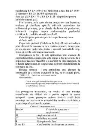 standardele SR EN 1634/1-uşi rezistente la foc, SR EN 1634-
2- feronerie, SR EN 1634/3 uşi etanşe la
fum, dar şi SR EN 179 şi SR EN 1125 - dispozitive pentru
ieşiri de urgenţă ş.a.).
Prin urmare, prin acest sistem, produsele sunt încercate,
evaluate şi clasificate specific utilizării preconizate, iar
utilizatorul primeşte, prin clasele declarate de producător,
informaţii complete asupra performanţelor produsului
clasificat, în condiţiile de utilizare finală.
Criteriile principale de apreciere a performanţei sunt
definite astfel :
Capacitate portantă (Stabilitate la foc) - R este aptitudinea
unui element de construcţie de a rezista expunerii la incendiu,
pe una sau mai multe feţe, pentru o anumită perioadă de timp,
fără a-şi pierde stabilitatea structurală.
Etanşeitatea la foc - E este aptitudinea unui element de
compartimentare, atunci când este expus la foc pe o faţă, de a
împiedica trecerea flăcărilor şi a gazelor pe faţa neexpusă, pe
o durată determinată, în timpul unei încercări standardizate de
rezistenţă la foc.
Izolarea termică - I este aptitudinea unui element de
construcţie de a rezista expunerii la foc, pe o singură parte,
fără propagarea incendiului, ca rezultat al unui transfer
semnificativ de căldură de la partea expusă la partea
neexpusă. ceasta propagare trebuie limitată astfel încât
suprafaţa neexpusă sau un material din imediata vecinătate a
acestei suprafeţe să nu fie aprinse.
Criterii complementare
Simbol Criterii de apreciere a
performanţei
M Acţiune mecanică
C închidere automată
S Etanşeitate la fum
P sau PH Continuitate în alimentare cu curent
Criterii principaleSimbolCriterii de apreciere a
performanţeiRCapacitate portantăEEtanşeitate la focIIzolare termică
la focWRadiaţie termică
TABEL 2.5. Criterii de performanţă pentru
rezistenţa la foc
 