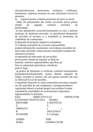 efectuat/efectuează proiectarea, montarea, verificarea,
întreţinerea, repararea acestora sau care efectuează servicii în
domeniu;
h) registrul pentru evidenţa permiselor de lucru cu focul;
i)date ale personalului din cadrul serviciului privat pentru
situaţii de urgenţă, conform criteriilor de
performanţă;
j) lista operatorilor economici/instituţiilor cu care a încheiat
contracte de închiriere/convenţii, cu specificarea domeniului
de activitate al acestora şi a numărului şi termenului de
valabilitate ale contractului;
k) planurile de protecţie împotriva incendiilor;
1) evidenţa exerciţiilor de evacuare a personalului
propriu/utilizatorilor construcţiei; m) evidenţa exerciţiilor de
intervenţie efectuate, având anexate concluziile rezultate din
efectuarea acestora;
n) rapoartele de intervenţie ale serviciului
privat pentru situaţii de urgenţă; o) fişele de
instruire, conform reglementărilor specifice; p)
lista cu substanţele periculoase, clasificate
potrivit legii;
q) grafice de întreţinere şi verificare, conform instrucţiunilor
producătorului/furnizorului, pentru diferite categorii de
utilaje, instalaţii şi sisteme care pot genera incendii sau care
se utilizează în caz de incendiu;
r) rapoartele întocmite în urma controalelor preventive proprii
sau ale autorităţii de stat competente; s) programe/planuri
cuprinzând măsuri şi acţiuni proprii sau rezultate în urma
constatărilor autorităţilor de control pentru respectarea
reglementărilor în domeniu.
FIŞA OBIECTIVULUI (OPERATOR
ECONOMIC/INSTITUŢIE) MODEL
DENUMIR
E
OPERATO
R
ECONOMI
C/INSTITUŢI
E
s c
NICULESCU
S A Oradea
ADMIN
ISTRA
TOR/
CONDUCĂTOR
 