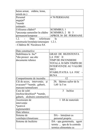 beton armat, zidărie, lemn,
mixtă etc.)
Personal
angajat*
*număr
estimativ
4 70 PERSOANE
Utilizarea clădirii*
*prezenţa oamenilor în clădire
permanent/temporar
SCHIMBUL 1
SCHIMBUL 2 SI 3
APROX 30 DE PERSOANE
1.2. - Date referitoare la
construcţie/instalaţie/amenajare 1.2.1.
- Clădirea SC Niculescu SA
Date constructive
Stabilitatea la foc*
*din proiect sau alte
documente tehnice
GRAD DE REZISTENTA
LA FOC II
TIMP DE INCENDIERE
TOTALA 30 MIN TIMPII DE
INTERVENŢIE AU VALORI
MICI
STABILITATEA LA FOC -
BUNA
Compartimente de incendiu 12
Căi de acces, intervenţie, şi
evacuare* *număr, gabarit,
marcare/semnalizare
20, lăţimea uşilor de la
1,60 la 5 m
Case de scări
(inchise/deschise)* *număr,
gabarit, alcătuire constructivă
3 închise
Ascensoare de
intervenţie
*potrivit
reglementării
1 lift de materiale
Date tehnice
Sisteme de
ventilaţie/climatizare
DA - întreţinut cu
personal propriu
Sisteme de încălzire DA - apa geotermala, agent
termic , apa de la centrala
termica alimentata cu
 