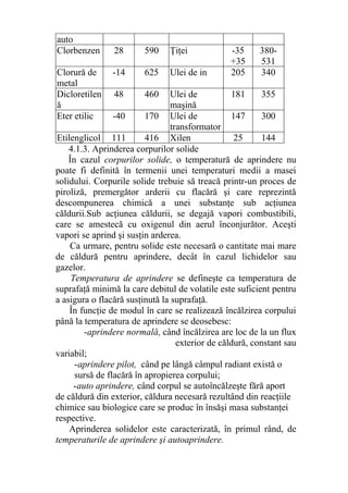 auto
Clorbenzen 28 590 Ţiţei -35
+35
380-
531
Clorură de
metal
-14 625 Ulei de in 205 340
Dicloretilen
ă
48 460 Ulei de
maşină
181 355
Eter etilic -40 170 Ulei de
transformator
147 300
Etilenglicol 111 416 Xilen 25 144
4.1.3. Aprinderea corpurilor solide
În cazul corpurilor solide, o temperatură de aprindere nu
poate fi definită în termenii unei temperaturi medii a masei
solidului. Corpurile solide trebuie să treacă printr-un proces de
piroliză, premergător arderii cu flacără şi care reprezintă
descompunerea chimică a unei substanţe sub acţiunea
căldurii.Sub acţiunea căldurii, se degajă vapori combustibili,
care se amestecă cu oxigenul din aerul înconjurător. Aceşti
vapori se aprind şi susţin arderea.
Ca urmare, pentru solide este necesară o cantitate mai mare
de căldură pentru aprindere, decât în cazul lichidelor sau
gazelor.
Temperatura de aprindere se defineşte ca temperatura de
suprafaţă minimă la care debitul de volatile este suficient pentru
a asigura o flacără susţinută la suprafaţă.
În funcţie de modul în care se realizează încălzirea corpului
până la temperatura de aprindere se deosebesc:
-aprindere normală, când încălzirea are loc de la un flux
exterior de căldură, constant sau
variabil;
-aprindere pilot, când pe lângă câmpul radiant există o
sursă de flacără în apropierea corpului;
-auto aprindere, când corpul se autoîncălzeşte fără aport
de căldură din exterior, căldura necesară rezultând din reacţiile
chimice sau biologice care se produc în însăşi masa substanţei
respective.
Aprinderea solidelor este caracterizată, în primul rând, de
temperaturile de aprindere şi autoaprindere.
 
