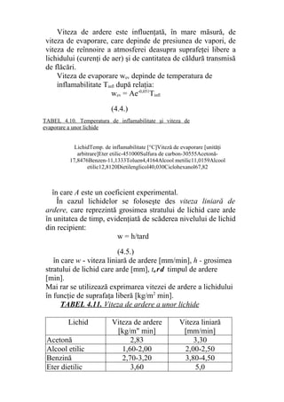 Viteza de ardere este influenţată, în mare măsură, de
viteza de evaporare, care depinde de presiunea de vapori, de
viteza de reînnoire a atmosferei deasupra suprafeţei libere a
lichidului (curenţi de aer) şi de cantitatea de căldură transmisă
de flăcări.
Viteza de evaporare wev depinde de temperatura de
inflamabilitate Tinfl după relaţia:
wev = Ae-0,051
Tinfl
(4.4.)
în care A este un coeficient experimental.
În cazul lichidelor se foloseşte des viteza liniară de
ardere, care reprezintă grosimea stratului de lichid care arde
în unitatea de timp, evidenţiată de scăderea nivelului de lichid
din recipient:
w = h/tard
(4.5.)
în care w - viteza liniară de ardere [mm/min], h - grosimea
stratului de lichid care arde [mm], ta rd timpul de ardere
[min].
Mai rar se utilizează exprimarea vitezei de ardere a lichidului
în funcţie de suprafaţa liberă [kg/m2
min].
TABEL 4.11. Viteza de ardere a unor lichide
Lichid Viteza de ardere Viteza liniară
[kg/m" min] [mm/min]
Acetonă 2,83 3,30
Alcool etilic 1,60-2,00 2,00-2,50
Benzină 2,70-3,20 3,80-4,50
Eter dietilic 3,60 5,0
LichidTemp. de inflamabilitate [°C]Viteză de evaporare [unităţi
arbitrare]Eter etilic-451000Sulfura de carbon-30555Acetonă-
17,8476Benzen-11,1333Toluen4,4164Alcool metilic11,0159Alcool
etilic12,8120Dietilenglicol40,030Ciclohexanol67,82
TABEL 4.10. Temperatura de inflamabilitate şi viteza de
evaporare a unor lichide
 