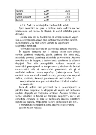 Păcură 2,10 2,20
Petrol 1,20 1,60
Petrol lampant 2,90 3,60
Toluen 2,30 2,70
4.2.4. Arderea substanţelor combustibile solide
Spre deosebire de gaze şi lichide, unde arderea are loc
întotdeauna sub formă de flacără, în cazul solidelor putem
deosebi:
-solide care ard cu flacără: fie că se transformă în vapori
fără descompunere, direct prin sublimare (exemplu: camfor,
methenamină), fie prin topire, urmată de vaporizare
(exemplu: parafine).
-corpuri solide care ard în stare solidă (ardere mocnită).
În această categorie pot fi incluse solide care conţin
carbon (cărbune energetic, grafit, cărbune din lemn etc),
materiale poroase (bumbac), materiale pulverulente. Arderea
mocnită este, la început, o ardere lentă, cantitatea de căldură
degajată fiind abia perceptibilă. Arderea mocnită se
intensifică proporţional cu temperatura şi depinde de factori
caracteristici, atât ai materialului propriu-zis, cât şi ai
mediului ambiant: starea suprafeţei (existenţa unor fisuri,
contact brusc cu aerul atmosferic etc), prezenţa unor corpuri
străine, ventilaţia, forma şi granulometria materialelor etc.
-corpuri solide care prezintă simultan cele două moduri
de combustie.
Faza de ardere este precedată de o descompunere a
părţilor încă neaprinse cu degajare de vapori sub influenţa
căldurii degajate de fracţiunile arzânde. Această piroliză ia
forme variabile în funcţie de compuşii respectivi, dar şi de
condiţiile concrete în care se desfăşoară arderea (încălzire
rapidă sau treptată, propagarea flăcării în sus sau în jos etc.).
Temperaturile degajate în urma arderii solidelor ating
deseori valori ridicate.
 