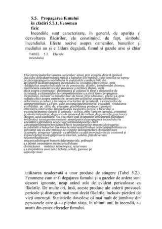 5.5. Propagarea fumului
în clădiri 5.5.1. Fenomen
fizic
Incendiile sunt caracterizate, în general, de apariţia şi
dezvoltarea flăcărilor, ele constituind, de fapt, simbolul
incendiului. Efecte nocive asupra oamenilor, bunurilor şi
mediului au şi c ăldura degajată, fumul şi gazele arse şi chiar
utilizarea neadecvată a unor produse de stingere (Tabel 5.2.).
Fenomene cum ar fi degajarea fumului şi a gazelor de ardere sunt
deseori ignorate, neap arând atât de evident periculoase ca
flăcările. De multe ori, însă, aceste produse ale arderii provoacă
pericole şi distrugeri mai mari decât flăcările, inclusiv pierderi de
vieţi omeneşti. Statisticile dovedesc că mai mult de jumătate din
persoanele care şi-au pierdut viaţa, în ultimii ani, în incendii, au
murit din cauza efectelor fumului.m
EfecteprincipaleE efect asupra oamenilor: arsuri prin atingere directă (pericol
lal acţiune directăaprinderea rapidă a hainelor din bumbac, cele sintetice se topesc
pe piele)p propagarea incendiului la materialele combustibile din
apropiereFlacăraa propagarea incendiului la vecinătăţip efect termic -prin
radiaţiiefect asupra materialelor de construcţie: dilatări, transformări chimice,
modificarea caracteristicilor mecanice şi termice (beton, oţel)mm
efect asupra construcţiei: deformarea şi cedarea în timp a structurilor de
rezistenţă, a elementelor de compartimentare ş.a.r efect tennicpropagarea
incendiului, inclusiv la distanţe mari de focar, prin tubulaturi, ghene ş.a.i -prin
radiaţie,efect asupra oamenilor: arsurir convectieefect asupra construcţiei;
deformarea şi cedare a în timp a structurilor de rezistenţă, a elementelor de
compartimentare ş.a.Fum, gaze arseopacitateîntârzierea evacuării (reducerea
vizibilităţii pe căile de evacuare, posibilitatea producerii panicii)vv
întârzierea intervenţiei (împiedicarea localizării precise a focarului, a
victimelor)v pentru oameni şi animale - asfixie, prin: lipsa oxigenului, consumat
prinp toxicitateardere; degajarea de monoxid de carbon, degajarea de gaze toxice
(fosgen, acid cianhidric, ş.a.) cu efect letal în anumite concentraţii.Reziduuri
solideefect termicpentru oameni: arsuri(particules propagarea incendiului la
vecinătăţi (aprinderea acoperişurilor)incandescente,v efect
cancerigenfuningine)toxicitatec Efecte secundareE efect mecanicdistrugerea
accidentală a bunurilor din zona de intervenţieProduse dea incompatibilitatea cu
substanţe sau cu alte produse de stingere lastingereefect chimicutilizare
(exemplu: stingerea - greşită- a carbidului cu apă provoacă reacţie exotermă şi
explozie)e efect ecologicpoluarea râurilor, solului, prin deversare
necontrolatăŞocuri
mecanicem distrugeri bunuri(căderid materiale, prăbuşiri
ş.a.)ş răniri oamenir prin incendiereap Poluare
chimicăunor instalaţii tehnologice, rezervoare
ş.a.răspândirea unor noxe lichide, solide, gazoase pe
suprafeţe mari
TABEL 5.3. Efectele
incendiului
 