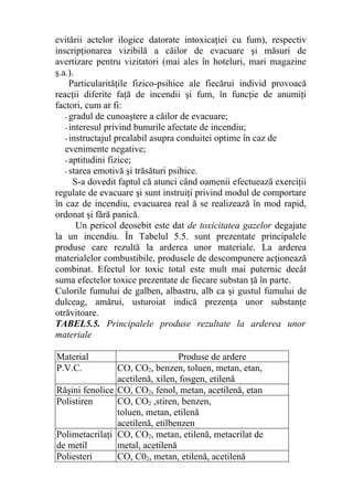 evitării actelor ilogice datorate intoxicaţiei cu fum), respectiv
inscripţionarea vizibilă a căilor de evacuare şi măsuri de
avertizare pentru vizitatori (mai ales în hoteluri, mari magazine
ş.a.).
Particularităţile fizico-psihice ale fiecărui individ provoacă
reacţii diferite faţă de incendii şi fum, în funcţie de anumiţi
factori, cum ar fi:
- gradul de cunoaştere a căilor de evacuare;
- interesul privind bunurile afectate de incendiu;
- instructajul prealabil asupra conduitei optime în caz de
evenimente negative;
- aptitudini fizice;
- starea emotivă şi trăsături psihice.
S-a dovedit faptul că atunci când oamenii efectuează exerciţii
regulate de evacuare şi sunt instruiţi privind modul de comportare
în caz de incendiu, evacuarea real ă se realizează în mod rapid,
ordonat şi fără panică.
Un pericol deosebit este dat de toxicitatea gazelor degajate
la un incendiu. În Tabelul 5.5. sunt prezentate principalele
produse care rezultă la arderea unor materiale. La arderea
materialelor combustibile, produsele de descompunere acţionează
combinat. Efectul lor toxic total este mult mai puternic decât
suma efectelor toxice prezentate de fiecare substan ţă în parte.
Culorile fumului de galben, albastru, alb ca şi gustul fumului de
dulceag, amărui, usturoiat indică prezenţa unor substanţe
otrăvitoare.
TABEL5.5. Principalele produse rezultate la arderea unor
materiale
Material Produse de ardere
P.V.C. CO, CO2, benzen, toluen, metan, etan,
acetilenă, xilen, fosgen, etilenă
Răşini fenolice CO, CO2, fenol, metan, acetilenă, etan
Polistiren CO, CO2 ,stiren, benzen,
toluen, metan, etilenă
acetilenă, etilbenzen
Polimetacrilaţi
de metil
CO, CO2, metan, etilenă, metacrilat de
metal, acetilenă
Poliesteri CO, C02, metan, etilenă, acetilenă
 
