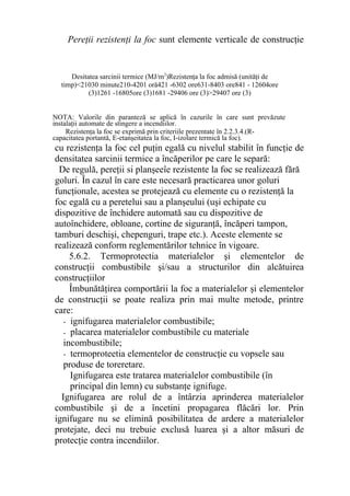 Pereţii rezistenţi la foc sunt elemente verticale de construcţie
cu rezistenţa la foc cel puţin egală cu nivelul stabilit în funcţie de
densitatea sarcinii termice a încăperilor pe care le separă:
De regulă, pereţii si planşeeîe rezistente la foc se realizează fără
goluri. În cazul în care este necesară practicarea unor goluri
funcţionale, acestea se protejează cu elemente cu o rezistenţă la
foc egală cu a peretelui sau a planşeului (uşi echipate cu
dispozitive de închidere automată sau cu dispozitive de
autoînchidere, obloane, cortine de siguranţă, încăperi tampon,
tamburi deschişi, chepenguri, trape etc.). Aceste elemente se
realizează conform reglementărilor tehnice în vigoare.
5.6.2. Termoprotectia materialelor şi elementelor de
construcţii combustibile şi/sau a structurilor din alcătuirea
construcţiilor
Îmbunătăţirea comportării la foc a materialelor şi elementelor
de construcţii se poate realiza prin mai multe metode, printre
care:
- ignifugarea materialelor combustibile;
- placarea materialelor combustibile cu materiale
incombustibile;
- termoproteetia elementelor de construcţie cu vopsele sau
produse de toreretare.
Ignifugarea este tratarea materialelor combustibile (în
principal din lemn) cu substanţe ignifuge.
Ignifugarea are rolul de a întârzia aprinderea materialelor
combustibile şi de a încetini propagarea flăcări lor. Prin
ignifugare nu se elimină posibilitatea de ardere a materialelor
protejate, deci nu trebuie exclusă luarea şi a altor măsuri de
protecţie contra incendiilor.
Desitatea sarcinii termice (MJ/m2
)Rezistenţa la foc admisă (unităţi de
timp)<21030 minute210-4201 oră421 -6302 ore631-8403 ore841 - 12604ore
(3)1261 -16805ore (3)1681 -29406 ore (3)>29407 ore (3)
NOTA: Valorile din paranteză se aplică în cazurile în care sunt prevăzute
instalaţii automate de stingere a incendiilor.
Rezistenţa la foc se exprimă prin criteriile prezentate în 2.2.3.4.(R-
capacitatea portantă, E-etanşeitatea la foc, I-izolare termică la foc).
 