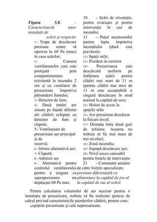 Figura 5.8. -
Caracteristicile unor
instalaţii de
scării şi respectiv
1- Trape de descărcare
presiune setate să
opereze la 60 Pa (max)
în casa scărilor;
2- Camera
ventilatoarelor care este
protejată prin
compartimentare
rezistentă la incendiu 2
ore şi cu ventilator de
presurizare împotriva
pătrunderii fumului;
3- Detector de fum;
4- Două intrări aer
situate pe faţade diferite
ale clădirii echipate cu
detector de fum şi
clapete;
5- Ventilatoare de
presurizare aer principal
şi de
rezervă;
6- Intrare alternativă aer;
7- Clapetă;
8- Admisie aer
9- Alternativă pentru
controlul ventilatorului
pentru a asigura ca
suprapresiunea nu
depăşeşte 60 Pa max.
10 - Scări de circulaţie,
pentru evacuare şi pentru
intervenţie în caz de
incendiu;
11 - Puţul ascensorului
pentru lupta împotriva
incendiului (dacă este
prevăzut);
12- Spaţii utile;
13- Pierdere în exterior
14- Presurizarea este
descărcată uniform pe
înălţimea scării pentru
clădiri mai mari de 11 m
(pentru clădiri mai mici de
11 m este acceptabilă o
singură descărcare în mod
normal la capătul de sus);
15- Holuri de acces la
spaţiile utile
16- Aer presurizat descărcat
la fiecare nivel;
17- Distanţa între două guri
de refulare. Aceasta nu
trebuie să fie mai mare de
trei niveluri;
18- Zonă incendiu;
19- Supapă descărcare aer;
20- Nivel acces carosabil
pentru forţele de intervenţie
21 - Comutator anulare
de către forţele specializate.
presiune diferenţială cu
alimentare la capătul de jos al
la capătul de sus al scării
Pentru calcularea volumului de aer necesar pentru o
instalaţie de presurizare, trebuie să fie realizate ipoteze de
calcul privind caracteristicile pierderilor clădirii, printre care:
a)spaţiile presurizate şi cele nepresurizate;
 