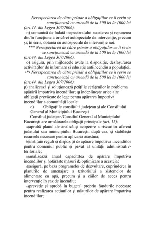 Nerespectarea de către primar a obligaţiilor ce îi revin se
sancţionează cu amendă de la 500 lei la 1000 lei
(art.44. din Legea 307/2006).
n) comunică de îndată inspectoratului scoaterea şi repunerea
din/în funcţiune a oricărei autospeciale de intervenţie, precum
şi, în scris, dotarea cu autospeciale de intervenţie noi;
*** Nerespectarea de către primar a obligaţiilor ce îi revin
se sancţionează cu amendă de la 500 lei la 1000 lei
(art.44. din Legea 307/2006).
o) asigură, prin mijloacele avute la dispoziţie, desfăşurarea
activităţilor de informare şi educaţie antiincendiu a populaţiei;
•*• Nerespectarea de către primar a obligaţiilor ce îi revin se
sancţionează cu amendă de la 500 lei la 1000 lei
(art.44. din Legea 307/2006).
p) analizează şi soluţionează petiţiile cetăţenilor în problema
apărării împotriva incendiilor; q) îndeplineşte orice alte
obligaţii prevăzute de lege pentru apărarea împotriva
incendiilor a comunităţii locale.
c) Obligaţiile consiliului judeţean şi ale Consiliului
General al Municipiului Bucureşti
Consiliul judeţean/Consiliul General al Municipiului
Bucureşti are următoarele obligaţii principale (art. 15):
a)aprobă planul de analiză şi acoperire a riscurilor aferent
judeţului sau municipiului Bucureşti, după caz, şi stabileşte
resursele necesare pentru aplicarea acestuia;
b)instituie reguli şi dispoziţii de apărare împotriva incendiilor
pentru domeniul public şi privat al unităţii administrativ-
teritoriale;
c)analizează anual capacitatea de apărare împotriva
incendiilor şi hotărăşte măsuri de optimizare a acesteia;
d)asigură, pe baza programelor de dezvoltare, cuprinderea în
planurile de amenajare a teritoriului a sistemelor de
alimentare cu apă, precum şi a căilor de acces pentru
intervenţie în caz de incendiu;
e)prevede şi aprobă în bugetul propriu fondurile necesare
pentru realizarea acţiunilor şi măsurilor de apărare împotriva
incendiilor;
 