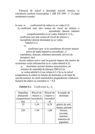 Valoarea de calcul a densităţii sarcinii termice se
calculează conform Eurocodului 1 (SR EN 1991 -1 -2) după
următoarea ecuaţie:
în care: m coeficientul de ardere (a se vedea 6.3)
8ql coeficient care ţine seama de riscul de iniţiere a
incendiului datorat mărimii
compartimentului (a se vedea Tabelul 6.1) 8q2
coeficient care ţine seama de riscul de iniţiere a
incendiului datorat destinaţiei (a se vedea
Tabelul 6.1)
io
coeficient care ia în considerare diversele măsuri
active de luptă împotriva incendiului „i"
(sprinklere, detecţie, alarmare automată, servicii de
pompieri, etc).
Aceste măsuri active sunt în general impuse din motive de
securitatea vieţii utilizatorilor (a se vedea tabelul 6.2);
qk densitatea sarcinii termice caracteristice, pe
unitatea de suprafaţă de planşeu [MJ/m2
] (a
se vedea tabelul 6.4 sau relaţia 6.3.) Se ia în calcul
comportarea la ardere în funcţie de destinaţie şi de tipul de
sarcină termică. în cazul materialelor preponderent celulozice
factorul de ardere se consideră m = 0,8
Tabelul 6.1. Coeficienţii âq1, 8q
Suprafaţa
planşeului
compartiment
ului
Riscul de
iniţiere a
incendiulu
i
Riscul de
iniţiere a
incendiul
ui
Exemple de
destinaţii
25 1,10 0,78 galerii de artă,
muzee, piscine
250 1.50 1,00 birouri,
locuinţe,
hoteluri,
industria de
papetărie
 
