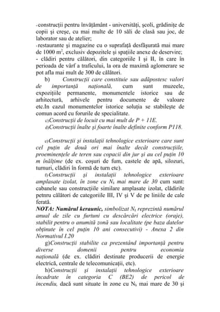 -construcţii pentru învăţământ - universităţi, şcoli, grădiniţe de
copii şi creşe, cu mai multe de 10 săli de clasă sau joc, de
laborator sau de atelier;
-restaurante şi magazine cu o suprafaţă desfăşurată mai mare
de 1000 m2
, exclusiv depozitele şi spaţiile anexe de deservire;
- clădiri pentru călători, din categoriile I şi II, în care în
perioada de vârf a traficului, la ora de maximă aglomerare se
pot afla mai mult de 300 de călători.
b) Construcţii care constituie sau adăpostesc valori
de importanţă naţională, cum sunt muzeele,
expoziţiile permanente, monumentele istorice sau de
arhitectură, arhivele pentru documente de valoare
etc.In cazul monumentelor istorice soluţia se stabileşte de
comun acord cu forurile de specialitate.
c)Construcţii de locuit cu mai mult de P + 11E.
d)Construcţii înalte şi foarte înalte definite conform P118.
e)Construcţii şi instalaţii tehnologice exterioare care sunt
cel puţin de două ori mai înalte decât construcţiile,
proeminenţele de teren sau copacii din jur şi au cel puţin 10
m înălţime (de ex. coşuri de fum, castele de apă, silozuri,
turnuri, clădiri în formă de turn etc).
f) Construcţii şi instalaţii tehnologice exterioare
amplasate izolat, în zone cu Nk mai mare de 30 cum sunt:
cabanele sau construcţiile similare amplasate izolat, clădirile
petnru călători de categoriile III, IV şi V de pe liniile de cale
ferată.
NOTA: Numărul keraunic, simbolizat Nk reprezintă numărul
anual de zile cu furtuni cu descărcări electrice (oraje),
stabilit pentru o anumită zonă sau localitate (pe baza datelor
obţinute în cel puţin 10 ani consecutivi) - Anexa 2 din
Normativul I.20
g)Construcţii stabilite ca prezentând importanţă pentru
diverse domenii pentru economia
naţională (de ex. clădiri destinate producerii de energie
electrică, centrale de telecomunicaţii, etc).
h)Construcţii şi instalaţii tehnologice exterioare
încadrate în categoria C (BE2) de pericol de
incendiu, dacă sunt situate în zone cu Nk mai mare de 30 şi
 