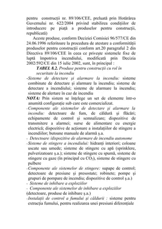 pentru construcţii nr. 89/106/CEE, preluată prin Hotărârea
Guvernului nr. 622/2004 privind stabilirea condiţiilor de
introducere pe piaţă a produselor pentru construcţii,
republicată)
Aceste produse, conform Deciziei Comisiei 96/577/CE din
24.06.1996 referitoare la procedura de atestare a conformităţii
produselor pentru construcţii conform art.20 paragraful 2 din
Directiva 89/106/CEE în ceea ce priveşte sistemele fixe de
luptă împotriva incendiului, modificată prin Decizia
2002/592/CE din 15 iulie 2002, sunt, în principal :
TABEL 8.2. Produse pentru construcţii cu rol în
securitate la incendiu
-Sisteme de detectare şi alarmare la incendiu: sisteme
combinate de detectare şi alarmare la incendiu; sisteme de
detectare a incendiului; sisteme de alarmare la incendiu;
sisteme de alertare în caz de incendiu
NOTA: Prin sistem se înţelege un set de elemente într-o
anumită configuraţie sub care este comercializat.
- Componente ale sistemelor de detectare şi alarmare la
incendiu: detectoare de fum, de căldură şi flăcări;
echipamente de control şi semnalizare; dispozitive de
transmitere a alarmei; surse de alimentare cu energie
electrică; dispozitive de acţionare a instalaţiilor de stingere a
incendiilor; butoane manuale de alarmă ş.a.
- Detectoare /dispozitive de alarmare de incendiu autonome
- Sisteme de stingere a incendiului: hidranţi interiori; coloane
uscate sau umede; sisteme de stingere cu apă (sprinklere,
pulverizatoare ş.a.); sisteme de stingere cu spumă, sisteme de
stingere cu gaze (în principal cu CO2), sisteme de stingere cu
pulbere
- Componente ale sistemelor de stingere: supape de control;
detectoare de presiune şi presostate; robinete; pompe şi
grupuri de pompare de incendiu; dispozitive de control ş.a.)
- Sisteme de inhibare a exploziilor
- Componente ale sistemelor de inhibare a exploziilor
(detectoare, produse de inhibare ş.a.)
- Instalaţii de control a fumului şi căldurii : sisteme pentru
extracţia fumului, pentru realizarea unei presiuni diferenţiale
 