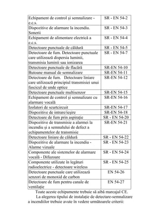 Echipament de control şi semnalizare -
e.c.s.
SR - EN 54-2
Dispozitive de alarmare la incendiu.
Sonerii
SR - EN 54-3
Echipament de alimentare electrică a
e.c.s.
SR - EN 54-4
Detectoare punctuale de căldură SR - EN 54-5
Detectoare de fum. Detectoare punctuale
care utilizează dispersia luminii,
transmisia luminii sau ionizarea
SR - EN 54-7
Detectoare punctuale de flacără SR-EN 54-10
Butoane manual de semnalizare SR-EN 54-11
Detectoare de fum. Detectoare liniare
care utilizează principiul transmisiei unui
fascicul de unde optice
SR-EN 54-12
Detectoare punctuale multisenzor SR-EN 54-15
Echipament de control şi semnalizare cu
alarmare vocală
SR-EN 54-16
Izolatori de scurtcircuit SR-EN 54-17
Dispozitive de intrare/ieşire SR-EN 54-18
Detectoare de fum prin aspiraţie SR - EN 54-20
Dispozitive de transmisie a alarmei la
incendiu şi a semnalului de defect a
echipamentelor de transmisie
SR-EN 54-21
Detectoare liniare de căldură SR - EN 54-22
Dispozitive de alarmare la incendiu -
Alarme vizuale
SR - EN 54-23
Componente ale sistemelor de alarmare
vocală - Difuzoare
SR - EN 54-24
Componente utilizate în legături
radioelectrice - detectoare wireless
SR - EN 54-25
Detectoare punctuale care utilizează
senzori de monoxid de carbon
EN 54-26
Detectoare de fum pentru canale de
ventilaţie
EN 54-27
Toate aceste echipamente trebuie să aibă marcajul CE.
La alegerea tipului de instalaţie de detectare-semnalizare
a incendiilor trebuie avute în vedere următoarele criterii:
 