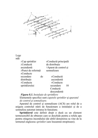 Lege
ndă
1Cap sprinkler
2Conductă
ascendentă
3Punct de referinţă
4Conducte
secundare de
distribuţie
5Conducta
sprinklerului
6Conductă principală
de distribuţie
7Aparat de control şi
semnalizare
8Conductă
ascendentă
9Conducte
secundare 10
Conductă
descendentă
Figura 8.3. Instalaţie de sprinklere
Elementele specifice sunt capetele sprinkler şi aparatul
de control şi semnalizare.
Aparatul de control şi semnalizare (ACS) are rolul de a
asigura controlul stării de funcţionare a instalaţiei şi de a
semnaliza automat intrarea în funcţiune.
Sprinklerul este definit drept o duză cu un element
termosensibil de obturare care se deschide pentru a refula apa
pentru stingerea incendiului (de altfel denumirea sa vine de la
termenul englezesc sprinkler care înseamnă stropitoare).
 