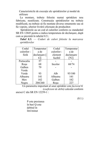 Caracteristicile de execuţie ale sprinklerelor şi modul de
utilizare
La montare, trebuie folosite numai sprinklere nou
fabricate, neutilizate. Construcţia sprinklerelor nu trebuie
modificată, nu trebuie să fie montate diverse ornamente sau să
fie vopsite, ulterior livrării efectuate de producător.
Sprinklerele au un cod al culorilor conform cu standardul
SR EN 12845 pentru a indica temperatura de declanşare, după
cum se prezintă în tabelul 8.5.:
Tabel 8.5. — Coduri de culori folosite la marcarea
sprinklerelor
Codul
culorilor :
fiolă
Temperatur
a de
declanşare [
C]
Codul
culorilor :
element
fuzibil
Temperatur
a de
declanşare
[°C]
Portocaliu 57 - -
Roşu 68 Incolor 68/74
Galben 79 - -
Verde
Verde 93 Alb 93/100
Albastru 141 Albastru 141
Mov 182 Galben 182
Negru 204/260 Roşu 227
Un parametru important al unui sprinkler este factorul K
(coeficient de debit) calculat conform
anexei C din SR EN 12259-1 :
(8.1.)
P este presiunea
în bari Q este
debitul în
litri/minut
 