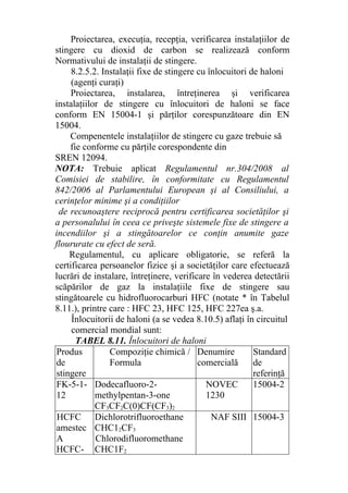 Proiectarea, execuţia, recepţia, verificarea instalaţiilor de
stingere cu dioxid de carbon se realizează conform
Normativului de instalaţii de stingere.
8.2.5.2. Instalaţii fixe de stingere cu înlocuitori de haloni
(agenţi curaţi)
Proiectarea, instalarea, întreţinerea şi verificarea
instalaţiilor de stingere cu înlocuitori de haloni se face
conform EN 15004-1 şi părţilor corespunzătoare din EN
15004.
Compenentele instalaţiilor de stingere cu gaze trebuie să
fie conforme cu părţile corespondente din
SREN 12094.
NOTA: Trebuie aplicat Regulamentul nr.304/2008 al
Comisiei de stabilire, în conformitate cu Regulamentul
842/2006 al Parlamentului European şi al Consiliului, a
cerinţelor minime şi a condiţiilor
de recunoaştere reciprocă pentru certificarea societăţilor şi
a personalului în ceea ce priveşte sistemele fixe de stingere a
incendiilor şi a stingătoarelor ce conţin anumite gaze
floururate cu efect de seră.
Regulamentul, cu aplicare obligatorie, se referă la
certificarea persoanelor fizice şi a societăţilor care efectuează
lucrări de instalare, întreţinere, verificare în vederea detectării
scăpărilor de gaz la instalaţiile fixe de stingere sau
stingătoarele cu hidrofluorocarburi HFC (notate * în Tabelul
8.11.), printre care : HFC 23, HFC 125, HFC 227ea ş.a.
Înlocuitorii de haloni (a se vedea 8.10.5) aflaţi în circuitul
comercial mondial sunt:
TABEL 8.11. Înlocuitori de haloni
Produs
de
stingere
Compoziţie chimică /
Formula
Denumire
comercială
Standard
de
referinţă
FK-5-1-
12
Dodecafluoro-2-
methylpentan-3-one
CF3CF2C(0)CF(CF3)2
NOVEC
1230
15004-2
HCFC
amestec
A
HCFC-
Dichlorotrifluoroethane
CHC12CF3
Chlorodifluoromethane
CHC1F2
NAF SIII 15004-3
 