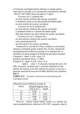 c) Furtunuri semirigide pentru utilizare cu pompe pentru
intervenţii la incendii şi cu autospeciale (standard de referinţă
- SR EN 1947-2003) Sunt executate în 3 tipuri :
Furtunuri tip A, alcătuite din:
-un strat interior continuu din cauciuc sau plastic
-o armătură textilă cu sau fără spirală elicoidală rigidă
-un strat exterior de cauciuc sau plastic
Furtunuri de tip B, alcătuite din:
-un strat interior continuu din cauciuc sau plastic
-o armătură textilă cu o spirală elicoidală rigidă
-fără strat exterior sau strat exterior de cauciuc sau plastic
Furtunuri de tip C, alcătuite din:
-un strat interior continuu din cauciuc sau plastic
-orice armătură potrivită
-un strat exterior de cauciuc sau plastic
Furtunurile se execută în 6 clase, similare cu cele pentru
furtunuri semirigide pentru sisteme fixe. În plus, furtunurile
semirigide pentru utilizare cu pompe şi cu autospeciale se
clasifică şi în două categorii în funcţie de presiunea maximă:
Categoria I - tipuri A şi B - clase 1-6:
presiune maximă de lucru: 1,5 MPa.
Categoria II - tipuri A şi B - clase 1-6 şi
tipul C - clase 1 -6: presiune maximă de lucru: 4,0
MPa. Exemplu: un furtun tip C, construit utilizând un strat
interior de cauciuc şi un strat exterior de cauciuc şi care are o
presiune maximă de lucru de 4,0 MPa (40 bari) este clasificat:
II/C/1
TABEL 8.23. Variante constructive pentru furtunurile
semirigide pentru
Diametru interior
[mm]
Masă pe unitate de
lungime [kg/m] -max
Tip A şi C Tip B
12 0,30
19 0,75 0,25
25 0,90 0,35
33 1,00 0,50
Marcare : fiecare furtun trebuie marcat cu: numele sau
marca producătorului, referirea la EN 1947, categoria, tipul şi
 