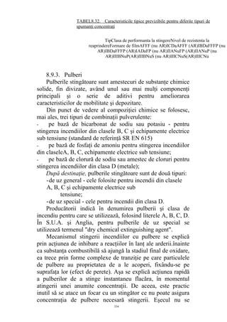 8.9.3. Pulberi
Pulberile stingătoare sunt amestecuri de substanţe chimice
solide, fin divizate, având unul sau mai mulţi componenţi
principali şi o serie de aditivi pentru ameliorarea
caracteristicilor de mobilitate şi depozitare.
Din punct de vedere al compoziţiei chimice se folosesc,
mai ales, trei tipuri de combinaţii pulverulente:
- pe bază de bicarbonat de sodiu sau potasiu - pentru
stingerea incendiilor din clasele B, C şi echipamente electrice
sub tensiune (standard de referinţă SR EN 615)
- pe bază de fosfaţi de amoniu pentru stingerea incendiilor
din claseleA, B, C, echipamente electrice sub tensiune;
- pe bază de clorură de sodiu sau amestec de cloruri pentru
stingerea incendiilor din clasa D (metale);
După destinaţie, pulberile stingătoare sunt de două tipuri:
-de uz general - cele folosite pentru incendii din clasele
A, B, C şi echipamente electrice sub
tensiune;
-de uz special - cele pentru incendii din clasa D.
Producătorii indică în denumirea pulberii şi clasa de
incendiu pentru care se utilizează, folosind literele A, B, C, D.
În S.U.A. şi Anglia, pentru pulberile de uz special se
utilizează termenul "dry chemical extinguishing agent".
Mecanismul stingerii incendiilor cu pulbere se explică
prin acţiunea de inhibare a reacţiilor în lanţ ale arderii.înainte
ca substanţa combustibilă să ajungă la stadiul final de oxidare,
ea trece prin forme complexe de tranziţie pe care particulele
de pulbere au proprietatea de a le acoperi, fixându-se pe
suprafaţa lor (efect de perete). Aşa se explică acţiunea rapidă
a pulberilor de a stinge instantaneu flacăra, în momentul
atingerii unei anumite concentraţii. De aceea, este practic
inutil să se atace un focar cu un stingător ce nu poate asigura
concentraţia de pulbere necesară stingerii. Eşecul nu se
534
TipClasa de performanta la stingereNivel de rezistenta la
reaprindereFormare de filmAFFF (nu AR)ICDaAFFF (AR)IBDaFFFP (nu
AR)IBDaFFFP (AR)IADaFP (nu AR)IIANuFP (AR)IIANuP (nu
AR)IIIBNuP(AR)IIIBNuS (nu AR)IIICNuS(AR)IIICNu
TABEL8.32. Caracteristicile tipice previzibile pentru diferite tipuri de
spumanţi concentraţi
 