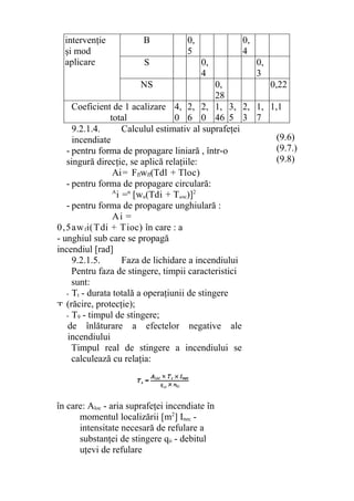 intervenţie
şi mod
aplicare
B 0,
5
0,
4
S 0,
4
0,
3
NS 0,
28
0,22
Coeficient de 1 acalizare
total
4,
0
2,
6
2,
0
1,
46
3,
5
2,
3
1,
7
1,1
9.2.1.4. Calculul estimativ al suprafeţei
incendiate
- pentru forma de propagare liniară , într-o
singură direcţie, se aplică relaţiile:
Ai= Fflwfl(Tdl + Tloc)
- pentru forma de propagare circulară:
A
i =n
[wu(Tdi + T,oc)]2
- pentru forma de propagare unghiulară :
Ai =
0,5awfi(Tdi + Tioc) în care : a
- unghiul sub care se propagă
incendiul [rad]
9.2.1.5. Faza de lichidare a incendiului
Pentru faza de stingere, timpii caracteristici
sunt:
- Tt - durata totală a operaţiunii de stingere
(răcire, protecţie);
- T9 - timpul de stingere;
de înlăturare a efectelor negative ale
incendiului
Timpul real de stingere a incendiului se
calculează cu relaţia:
(9.6)
(9.7.)
(9.8)
în care: Aloc - aria suprafeţei incendiate în
momentul localizării [m2
] Inec -
intensitate necesară de refulare a
substanţei de stingere qii - debitul
uţevi de refulare
T
 