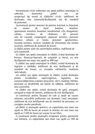 h)construcţii civile subterane sau spaţii publice amenajate la
subsolul, demisolul, podul ori pe
acoperişul tip terasă al clădirilor civile, indiferent de
destinaţie, aria construită/desfăşurată sau de numărul
de persoane;
i)construcţii pentru structuri de primire turistică cu funcţiuni
de cazare de tipul: hoteluri, hoteluri-
apartament, moteluri, hosteluri, minihoteluri, vile, bungalouri,
cabane turistice, de vânătoare, de pescuit,
sate de vacanţă, campinguri, popasuri turistice, pensiuni
turistice urbane şi rurale, pensiuni agroturistice,
locuinţe turistice, inclusiv unităţile de alimentaţie din incinta
acestora, indiferent de numărul de locuri;
j) clădiri pentru sedii ale autorităţilor publice, indiferent de
aria construită;
k) clădiri sau spaţii amenajate în clădiri, având destinaţia de
birouri, financiar-bancară, de asigurări şi burse, cu aria
desfăşurată mai mare sau egală cu 600 mp;
l) clădiri sau spaţii amenajate în clădiri, având destinaţia de
îngrijire a sănătăţii, indiferent de aria desfăşurată şi de
numărul de locuri, cu excepţia cabinetelor medicale
individuale;
m) clădiri sau spaţii amenajate în clădiri, având destinaţia
pentru învăţământ, supravegherea, îngrijirea sau
cazarea/adăpostirea copiilor preşcolari, elevi, studenţi, bătrâni,
persoane cu dizabilităţi sau lipsite de adăpost, indiferent de
aria construită;
n) clădiri sau spaţii, având destinaţia de gară, autogară,
aerogară şi staţie de metrou, indiferent de aria desfăşurată;
o) construcţii pentru lăcaşuri de cult şi spaţii de cazare
aferente, accesibile publicului sau destinate vieţii monahale,
indiferent de aria desfăşurată sau de numărul de persoane, cu
excepţia caselor parohiale;
p) clădiri şi amenajări sportive, cu capacitatea mai mare sau
egală cu 200 de locuri pe scaune în interior ori mai mare sau
egală cu 2.500 de locuri pe scaune în aer liber;
r) construcţii pentru amenajări temporare pentru spectacole
sau întruniri, cu capacitatea mai mare sau egală cu 200 de
 