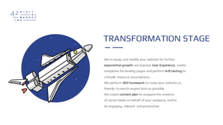 TRANSFORMATION STAGE
We re-equip and modify your website for further
exponential growth: we improve User Experience, creat...
