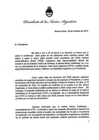 Carta de Cristina Fernández al presidente Barack Obama por funcionaria vinculada a fondos buitre