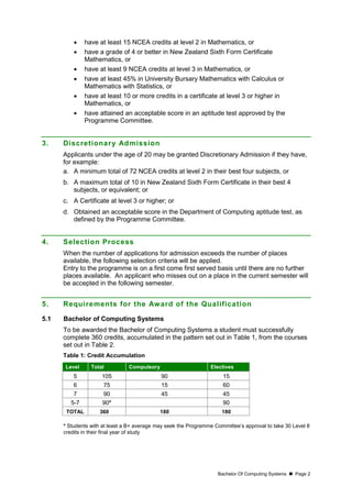 Bachelor Of Computing Systems  Page 2
 have at least 15 NCEA credits at level 2 in Mathematics, or
 have a grade of 4 or better in New Zealand Sixth Form Certificate
Mathematics, or
 have at least 9 NCEA credits at level 3 in Mathematics, or
 have at least 45% in University Bursary Mathematics with Calculus or
Mathematics with Statistics, or
 have at least 10 or more credits in a certificate at level 3 or higher in
Mathematics, or
 have attained an acceptable score in an aptitude test approved by the
Programme Committee.
3. Discretionary Admission
Applicants under the age of 20 may be granted Discretionary Admission if they have,
for example:
a. A minimum total of 72 NCEA credits at level 2 in their best four subjects, or
b. A maximum total of 10 in New Zealand Sixth Form Certificate in their best 4
subjects, or equivalent; or
c. A Certificate at level 3 or higher; or
d. Obtained an acceptable score in the Department of Computing aptitude test, as
defined by the Programme Committee.
4. Selection Process
When the number of applications for admission exceeds the number of places
available, the following selection criteria will be applied.
Entry to the programme is on a first come first served basis until there are no further
places available. An applicant who misses out on a place in the current semester will
be accepted in the following semester.
5. Requirements for the Award of the Qualification
5.1 Bachelor of Computing Systems
To be awarded the Bachelor of Computing Systems a student must successfully
complete 360 credits, accumulated in the pattern set out in Table 1, from the courses
set out in Table 2.
Table 1: Credit Accumulation
Level Total Compulsory Electives
5 105 90 15
6 75 15 60
7 90 45 45
5-7 90* 90
TOTAL 360 180 180
* Students with at least a B+ average may seek the Programme Committee’s approval to take 30 Level 8
credits in their final year of study
 