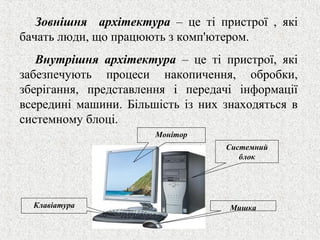 Зовнішня архітектура – це ті пристрої , які 
бачать люди, що працюють з комп'ютером. 
Внутрішня архітектура – це ті пристрої, які 
забезпечують процеси накопичення, обробки, 
зберігання, представлення і передачі інформації 
всередині машини. Більшість із них знаходяться в 
системному блоці. 
Монітор 
Системний 
блок 
Клавіатура Мишка 
 