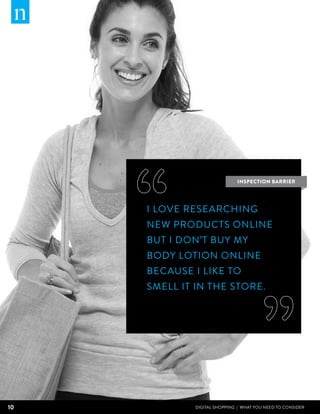 inspection barrier




     I love researching
     new products online
     but I don’t buy my
     BODY LOTION online
     because I like to
     smell it in the store.




10            DIGITAL SHOPPING | WHAT YOU NEED TO CONSIDER
 