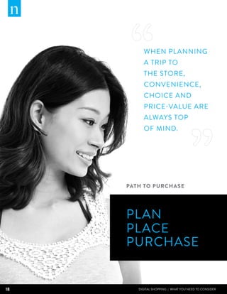 When planning
          a trip to
          the store,
          convenience,
          choice and
          price-value are
          always top
          of mind.




     PATH TO PURCHASE




     PLAN
     PLACE
     PURCHASE


18      DIGITAL SHOPPING | WHAT YOU NEED TO CONSIDER
 