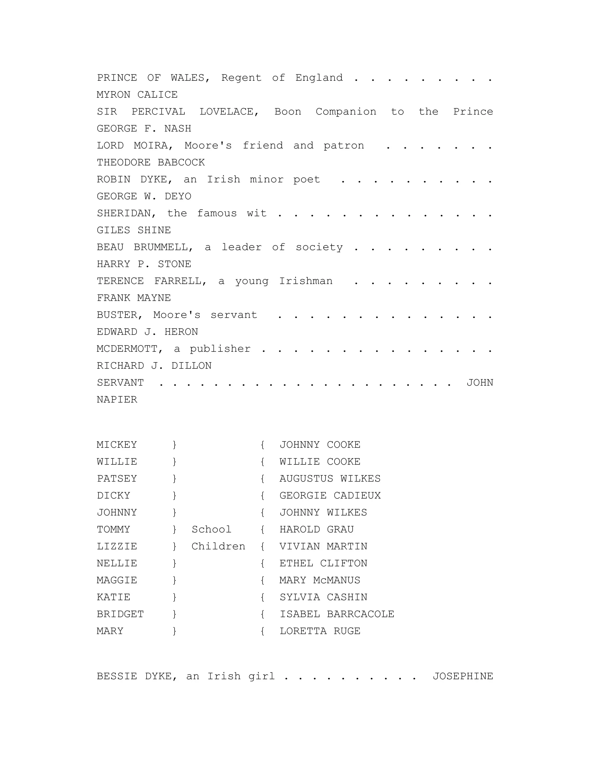PRINCE OF WALES, Regent of England . . . . . . . . .
MYRON CALICE
SIR PERCIVAL LOVELACE, Boon Companion to the Prince
GEORGE F. NASH
LORD MOIRA, Moore's friend and patron . . . . . . .
THEODORE BABCOCK
ROBIN DYKE, an Irish minor poet . . . . . . . . . .
GEORGE W. DEYO
SHERIDAN, the famous wit . . . . . . . . . . . . . .
GILES SHINE
BEAU BRUMMELL, a leader of society . . . . . . . . .
HARRY P. STONE
TERENCE FARRELL, a young Irishman . . . . . . . . .
FRANK MAYNE
BUSTER, Moore's servant . . . . . . . . . . . . . .
EDWARD J. HERON
MCDERMOTT, a publisher . . . . . . . . . . . . . . .
RICHARD J. DILLON
SERVANT . . . . . . . . . . . . . . . . . . . . . . JOHN
NAPIER
MICKEY } { JOHNNY COOKE
WILLIE } { WILLIE COOKE
PATSEY } { AUGUSTUS WILKES
DICKY } { GEORGIE CADIEUX
JOHNNY } { JOHNNY WILKES
TOMMY } School { HAROLD GRAU
LIZZIE } Children { VIVIAN MARTIN
NELLIE } { ETHEL CLIFTON
MAGGIE } { MARY McMANUS
KATIE } { SYLVIA CASHIN
BRIDGET } { ISABEL BARRCACOLE
MARY } { LORETTA RUGE
BESSIE DYKE, an Irish girl . . . . . . . . . . JOSEPHINE
 