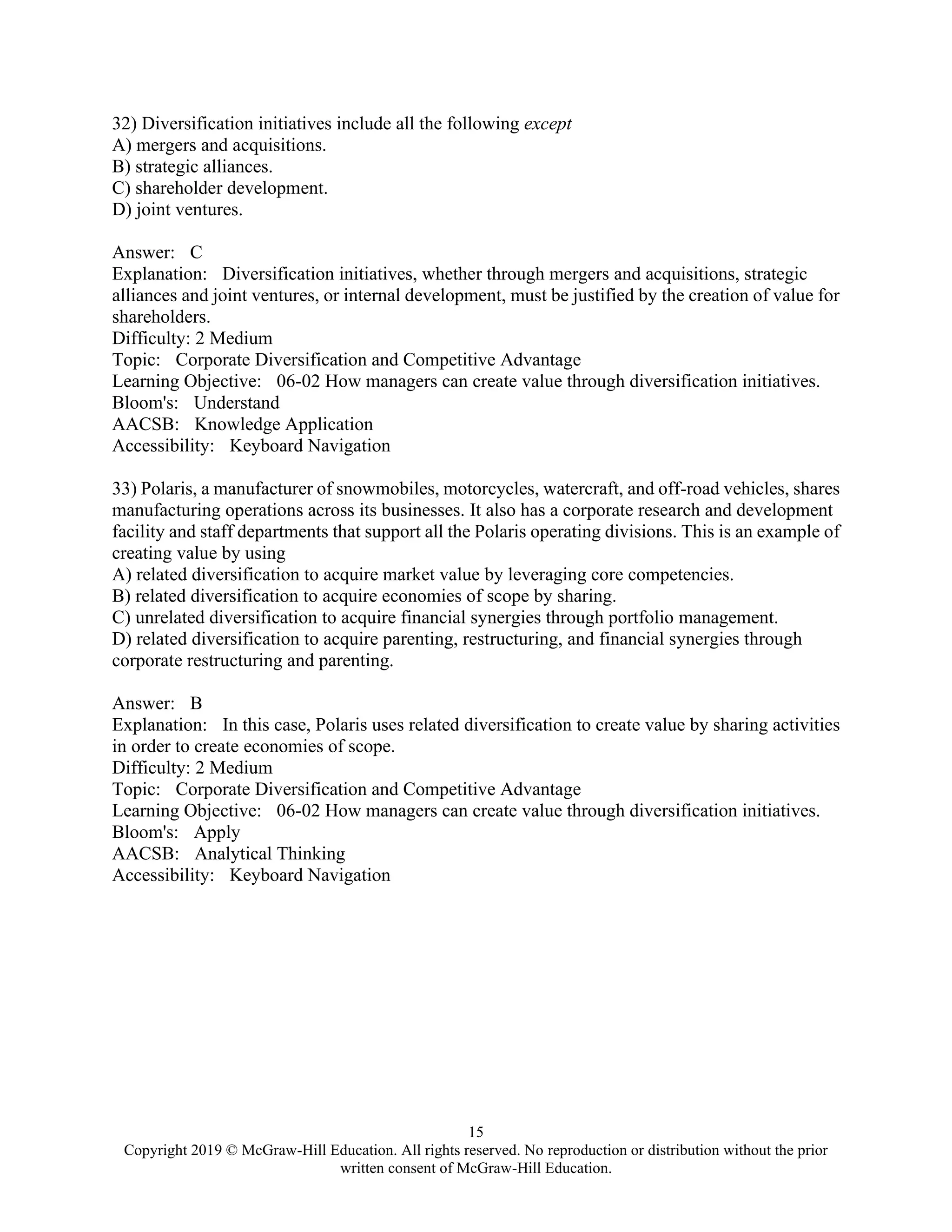 15
Copyright 2019 © McGraw-Hill Education. All rights reserved. No reproduction or distribution without the prior
written consent of McGraw-Hill Education.
32) Diversification initiatives include all the following except
A) mergers and acquisitions.
B) strategic alliances.
C) shareholder development.
D) joint ventures.
Answer: C
Explanation: Diversification initiatives, whether through mergers and acquisitions, strategic
alliances and joint ventures, or internal development, must be justified by the creation of value for
shareholders.
Difficulty: 2 Medium
Topic: Corporate Diversification and Competitive Advantage
Learning Objective: 06-02 How managers can create value through diversification initiatives.
Bloom's: Understand
AACSB: Knowledge Application
Accessibility: Keyboard Navigation
33) Polaris, a manufacturer of snowmobiles, motorcycles, watercraft, and off-road vehicles, shares
manufacturing operations across its businesses. It also has a corporate research and development
facility and staff departments that support all the Polaris operating divisions. This is an example of
creating value by using
A) related diversification to acquire market value by leveraging core competencies.
B) related diversification to acquire economies of scope by sharing.
C) unrelated diversification to acquire financial synergies through portfolio management.
D) related diversification to acquire parenting, restructuring, and financial synergies through
corporate restructuring and parenting.
Answer: B
Explanation: In this case, Polaris uses related diversification to create value by sharing activities
in order to create economies of scope.
Difficulty: 2 Medium
Topic: Corporate Diversification and Competitive Advantage
Learning Objective: 06-02 How managers can create value through diversification initiatives.
Bloom's: Apply
AACSB: Analytical Thinking
Accessibility: Keyboard Navigation
 