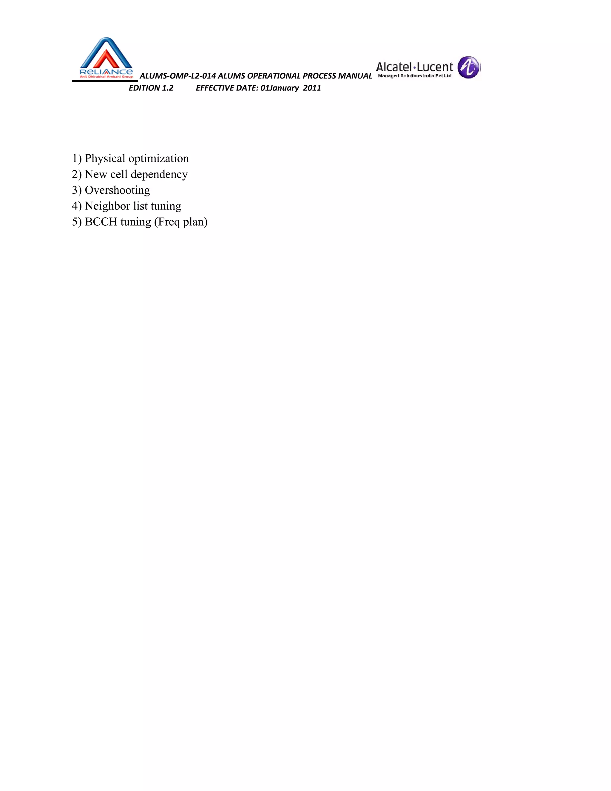  ALUMS‐OMP‐L2‐014 ALUMS OPERATIONAL PROCESS MANUAL   
                            EDITION 1.2           EFFECTIVE DATE: 01January  2011 
 
 
1) Physical optimization
2) New cell dependency
3) Overshooting
4) Neighbor list tuning
5) BCCH tuning (Freq plan)
 
