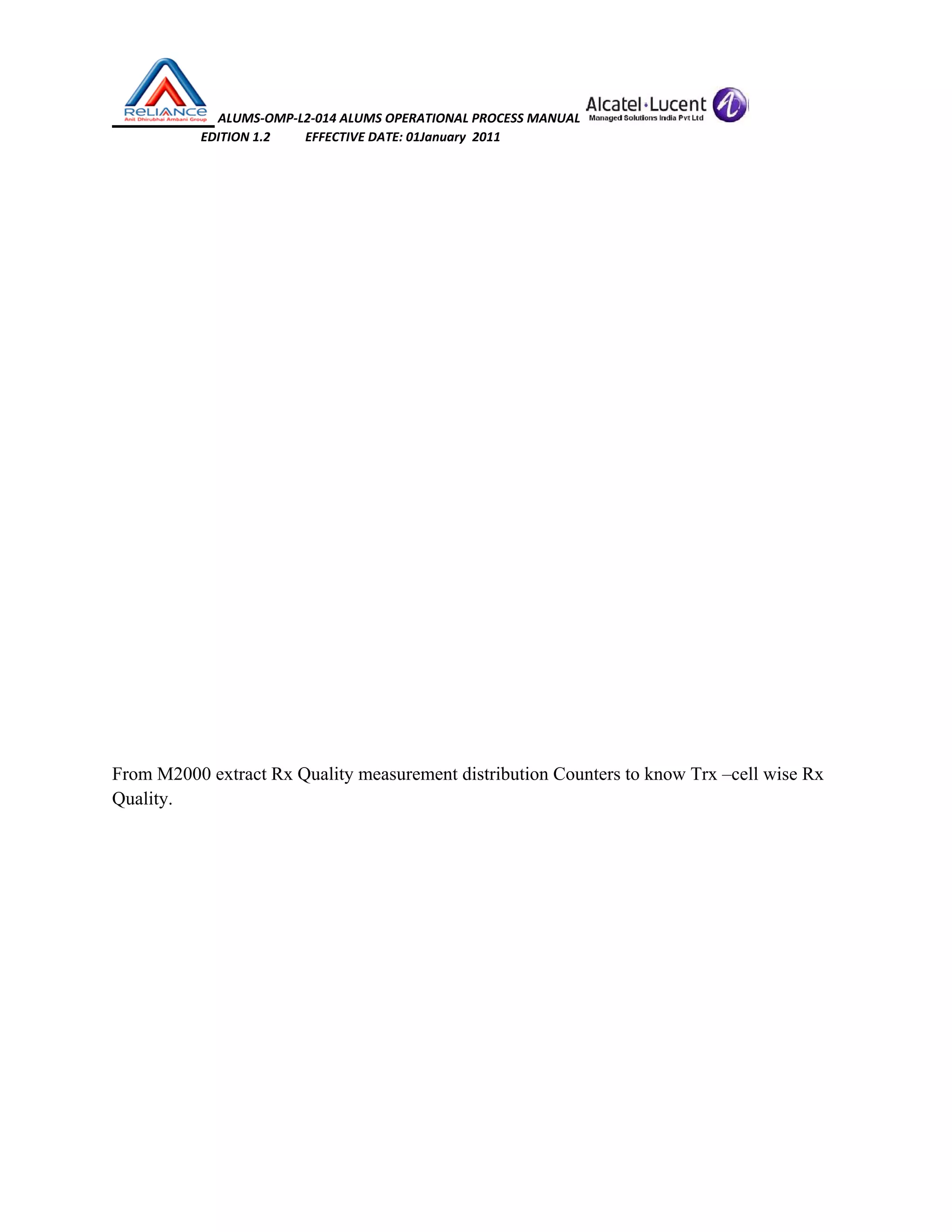                      
 
 
From M2
Quality.
 ALUMS‐O
       EDITION 1.2
2000 extract
OMP‐L2‐014 ALU
2           EFFECTIV
Rx Quality
UMS OPERATIO
VE DATE: 01Janu
measuremen
ONAL PROCESS M
uary  2011 
nt distributio
MANUAL 
on Counters to know Trx
 
x –cell wise Rx
 