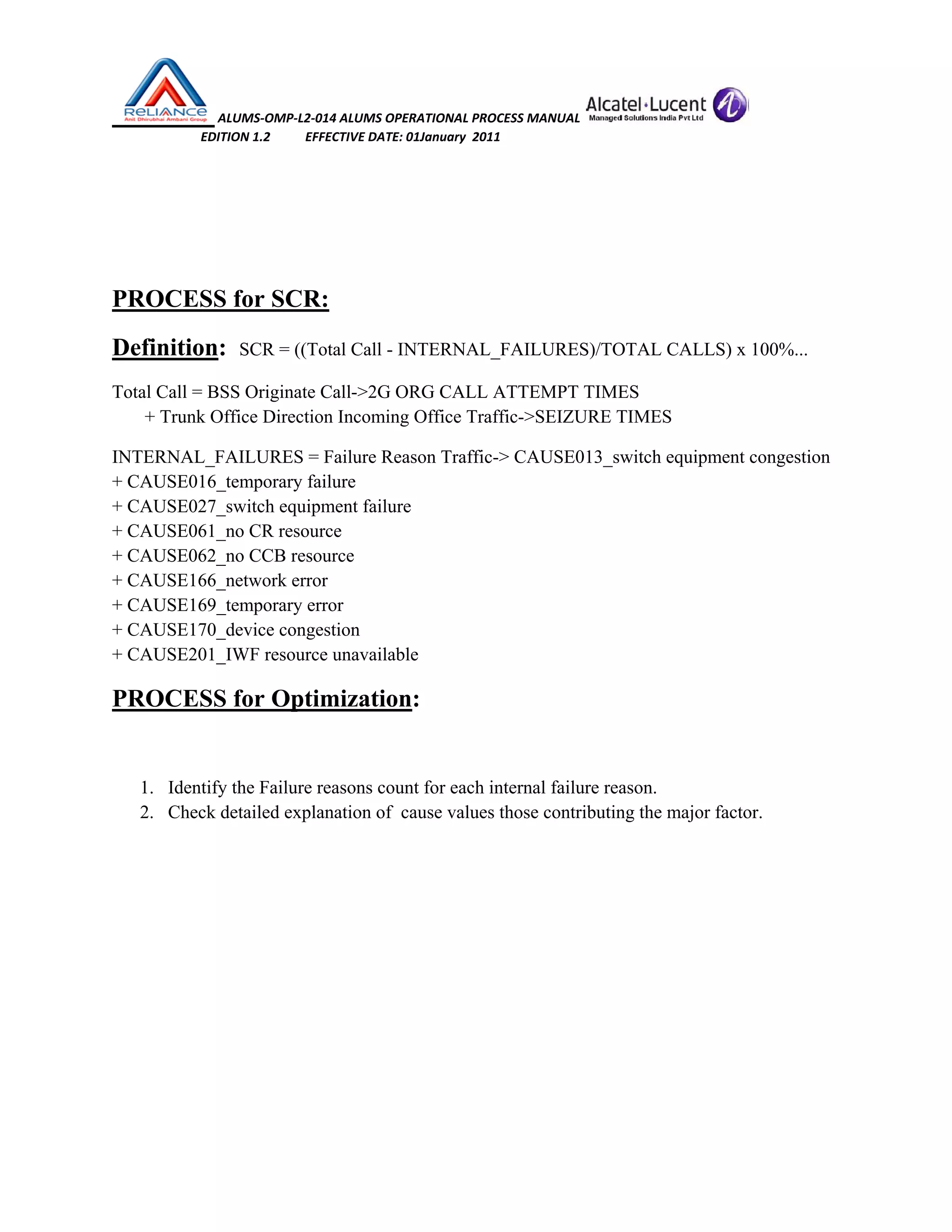  ALUMS‐OMP‐L2‐014 ALUMS OPERATIONAL PROCESS MANUAL   
                            EDITION 1.2           EFFECTIVE DATE: 01January  2011 
 
 
PROCESS for SCR:
Definition: SCR = ((Total Call - INTERNAL_FAILURES)/TOTAL CALLS) x 100%...
Total Call = BSS Originate Call->2G ORG CALL ATTEMPT TIMES
+ Trunk Office Direction Incoming Office Traffic->SEIZURE TIMES
INTERNAL_FAILURES = Failure Reason Traffic-> CAUSE013_switch equipment congestion
+ CAUSE016_temporary failure
+ CAUSE027_switch equipment failure
+ CAUSE061_no CR resource
+ CAUSE062_no CCB resource
+ CAUSE166_network error
+ CAUSE169_temporary error
+ CAUSE170_device congestion
+ CAUSE201_IWF resource unavailable
PROCESS for Optimization:
1. Identify the Failure reasons count for each internal failure reason.
2. Check detailed explanation of cause values those contributing the major factor.
 