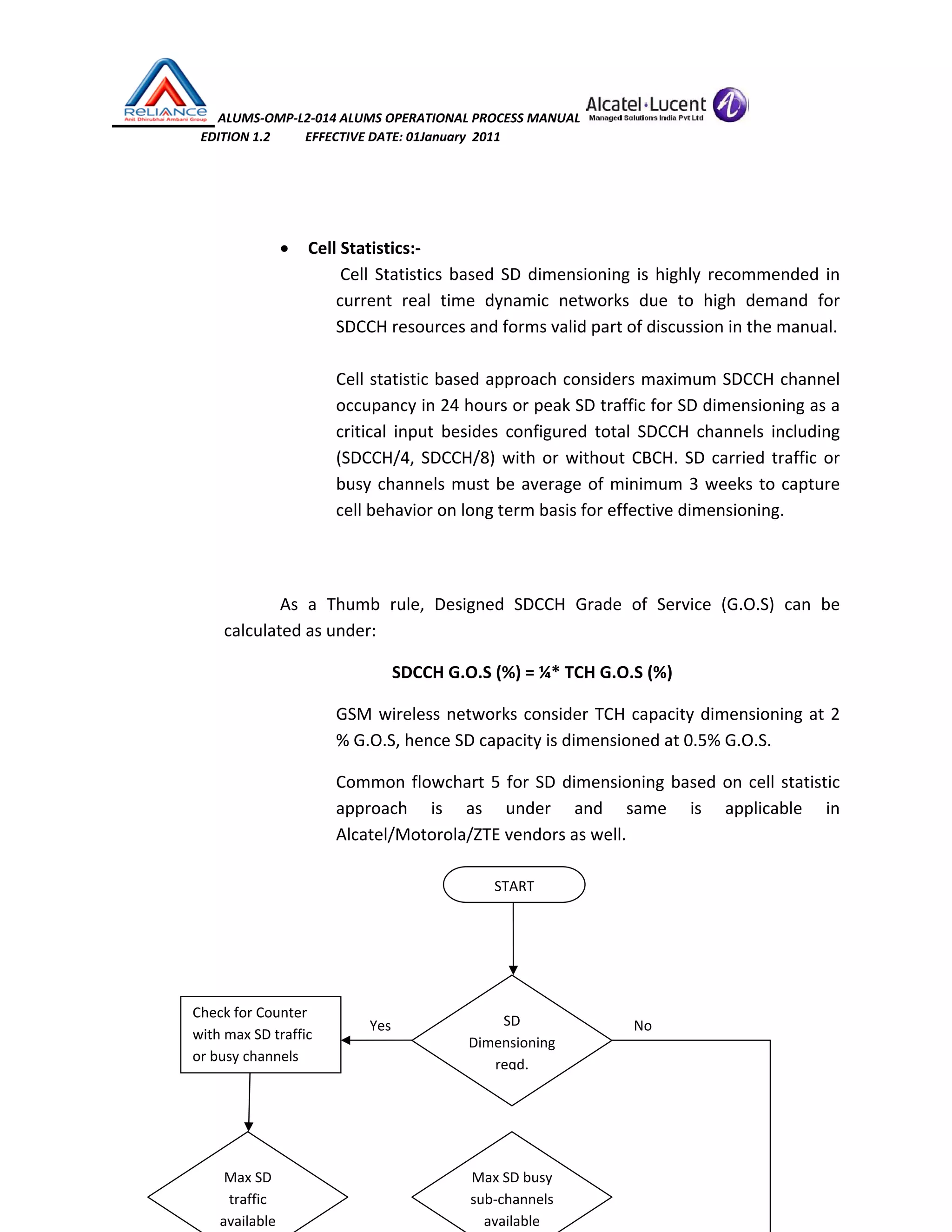  ALUMS‐OMP‐L2‐014 ALUMS OPERATIONAL PROCESS MANUAL   
                            EDITION 1.2           EFFECTIVE DATE: 01January  2011 
 
 
• Cell Statistics:‐ 
 Cell Statistics based SD dimensioning is highly recommended in 
current  real  time  dynamic  networks  due  to  high  demand  for 
SDCCH resources and forms valid part of discussion in the manual. 
 
Cell statistic based approach considers maximum SDCCH channel 
occupancy in 24 hours or peak SD traffic for SD dimensioning as a 
critical  input  besides  configured  total  SDCCH  channels  including 
(SDCCH/4, SDCCH/8) with or without CBCH. SD carried traffic or 
busy channels must be average of minimum 3 weeks to capture 
cell behavior on long term basis for effective dimensioning. 
 
 
As  a  Thumb  rule,  Designed  SDCCH  Grade  of  Service  (G.O.S)  can  be 
calculated as under: 
SDCCH G.O.S (%) = ¼* TCH G.O.S (%) 
GSM wireless networks consider TCH capacity dimensioning at 2 
% G.O.S, hence SD capacity is dimensioned at 0.5% G.O.S. 
Common flowchart 5 for SD dimensioning based on cell statistic 
approach  is  as  under  and  same  is  applicable  in 
Alcatel/Motorola/ZTE vendors as well. 
 
 
            
        
        Yes                                                                     No                                                        
 
                 
SD 
Dimensioning 
reqd.
Check for Counter 
with max SD traffic 
or busy channels  
START
Max SD 
traffic 
available  
Max SD busy 
sub‐channels 
available
 